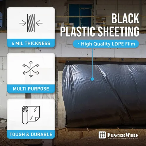 Vista 3 de CAPHAUS Láminas de plástico negro de 4 mil, 3 x 100 pies, resistente al agua, lona multiusos