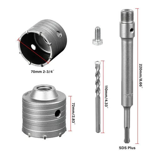 Vista 2 de SALI Kits de sierra de agujero de hormigón 2-3/4" (70mm) Juego de brocas de corte de pared de acero de tungsteno con varilla de conexión SDS Plus
