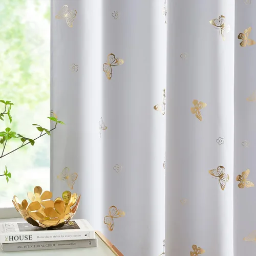 Vista 32 de Cortinas opacas con mariposas doradas Jubilantex en blanco grisáceo con capa negra, cortinas de ventana aisladas térmicamente para dormitorio de 07#