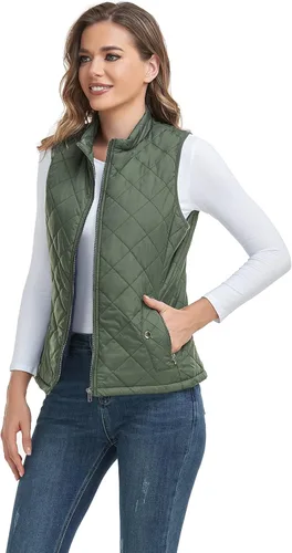Vista 4 de LONGKING Chaleco para mujer con un bolsillo interior, cuello alto, ligero, acolchado, con cremallera, para mujer