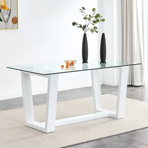 Vista 11 de Ebullient Mesa de comedor de cristal, mesa de comedor moderna, mesa de vidrio templado de 63 pulgadas con patas trapezoidales de MDF negras, mesa