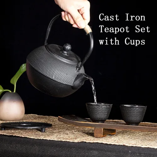 Vista 2 de Juego de tetera de hierro fundido YJX, Tetsubin japonés, tetera de 40.6 oz para estufa, tetera negra con infusor de acero inoxidable para té