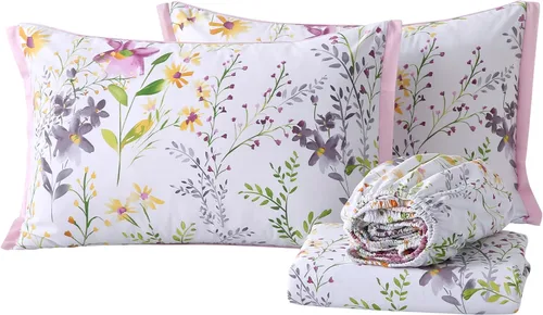 Vista 20 de ABREEZE Juego de sábanas de algodón egipcio tamaño individual (1000 hilos) floral y fundas de almohada (4 piezas), sábanas de algodón egipcio