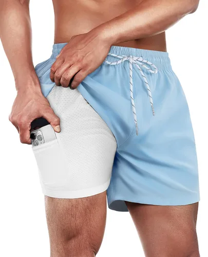 Vista 21 de Gleeease Traje de baño para hombre de 5 pulgadas con forro de compresión, 2 en 1, elástico, de secado rápido, bolsillos divertidos con cordón