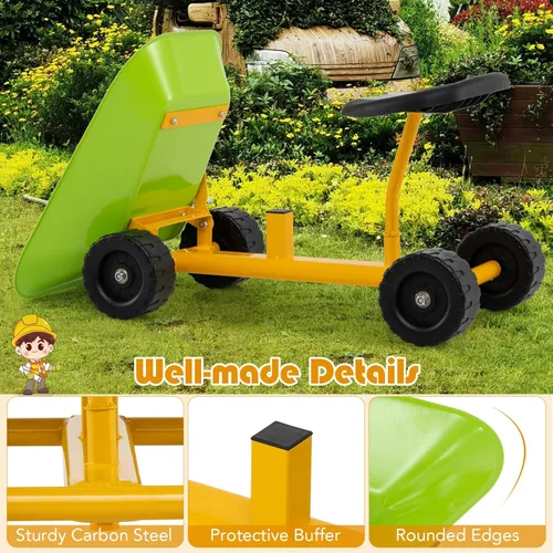 Vista 6 de Costzon Carretilla para niños, para exteriores, con asiento cómodo, 4 ruedas, mango ergonómico y marco de acero resistente, herramienta de juego