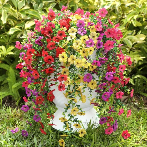 Vista 21 de Flores artificiales para exteriores, flores artificiales colgantes para decoración de otoño, 6 piezas resistentes a los rayos UV, flores de seda