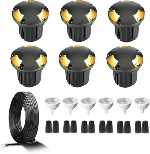 Vista 41 de Gardenreet Kit de luces de pozo de latón en el suelo (paquete de 4) con transformador de bajo voltaje de 75 W y bombilla MR16 y cable y conectores