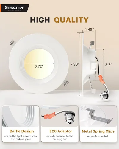 Vista 6 de Ensenior Paquete de 4 luces LED de 56 pulgadas 5CCT, iluminación empotrada LED reacondicionada, borde deflector, regulable, 9W 110W, 1000LM