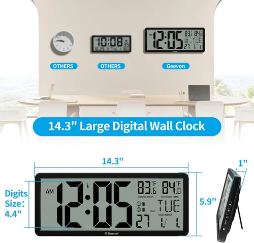Vista 5 de Geevon Atomic Clock,14.5"Large Digital Wall Clock Battery Operated with Dual Alarm Clock, Indoor Outdoor Temperature, 4.4"Jumbo Digits, Day and Date