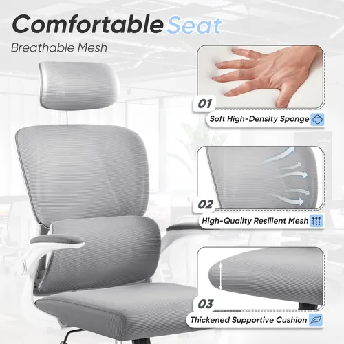 Vista 5 de JUMMICO Silla de oficina ergonómica, silla de escritorio con respaldo alto con reposacabezas ajustables y brazos abatibles, silla de computadora