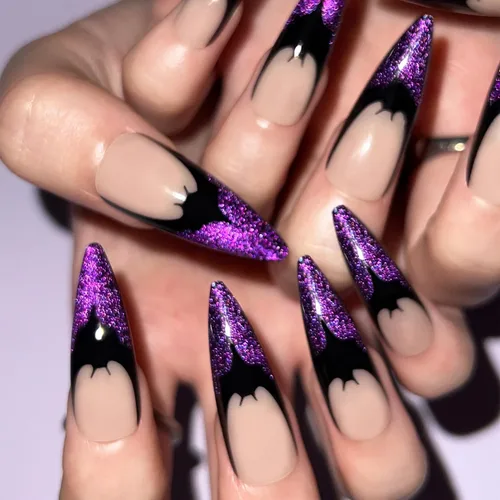 Vista 2 de Uñas postizas largas a presión de Halloween, uñas postizas de cobertura completa, con diseños de murciélagos, uñas postizas con purpurina, punta