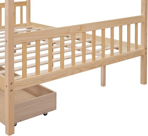 Vista 7 de Cama de casa de tamaño matrimonial para niños, marco de plataforma Montessori con 2 cajones, cabecera y estribo, almacenamiento de madera maciza
