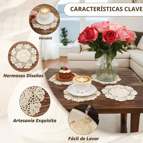 Vista 4 de kilofly Juego de manteles individuales de encaje de algodón de ganchillo, 4 unidades, beige, floral, 7 pulgadas