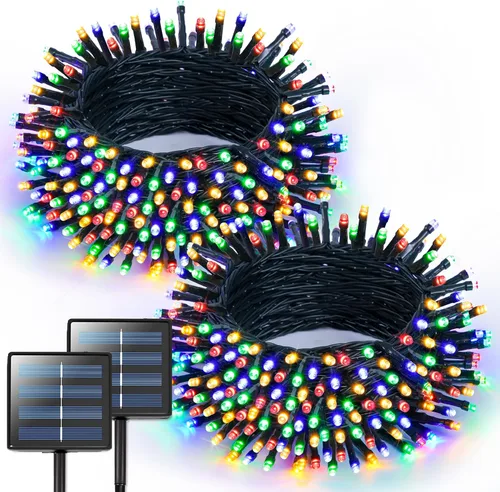 Vista 15 de JMEXSUSS Paquete de 2 tiras de luces solares para exteriores, 100 LED de 42.7 pies de luces solares blancas para exteriores, impermeables, 8 modos