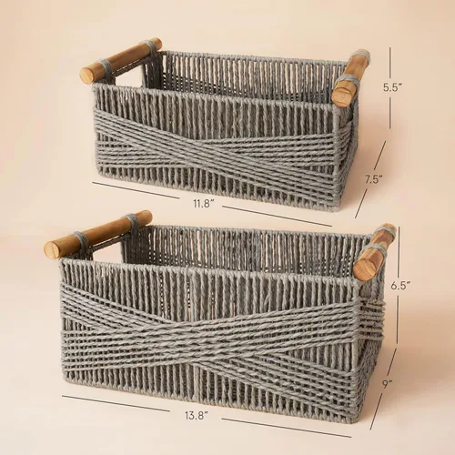 Vista 5 de LA JOLIE MUSE Cestas de almacenamiento de mimbre para organizar, cesta de cuerda de papel reciclable con asas de madera, cestas decorativas tejidas