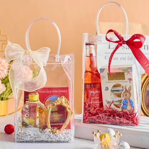 Vista 5 de Ohuimrt 20 bolsas de regalo de plástico transparente con asas, bolsas de recuerdo para fiestas reutilizables con cinta, bolsas de regalo