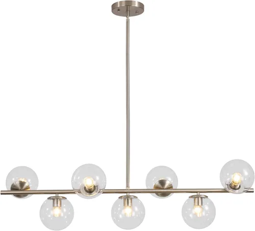 Vista 14 de KCO Iluminación - Lámpara de techo con 7 luces, globo de cristal transparente, candelabro Sputnik, estilo mid century modern, lámpara colgante