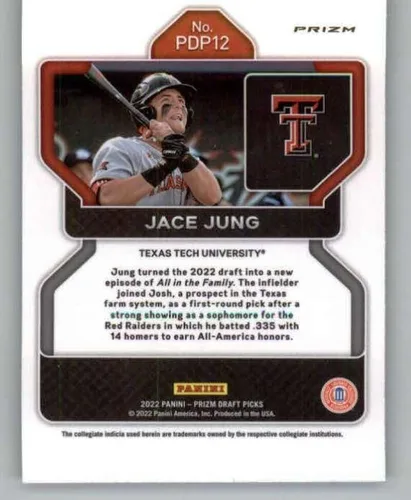 Vista 2 de Panini Prizm Draft Picks Prizms Black #12 Jace Jung RC Rookie Texas Tech Red Raiders Béisbol Tarjeta Trading Card