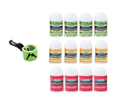 Lip Naturals® | 12 unidades de mini bálsamo labial surtido con protector solar (SPF-15) y 1 llavero de bálsamo labial | Fabricado en Estados Unidos