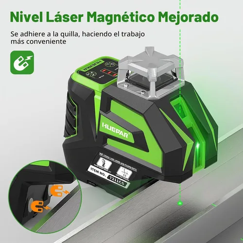 Vista 8 de Huepar Línea cruzada de nivel láser verde autonivelante con 2 puntos de plomada herramienta láser -360 línea horizontal más haz vertical con trípode