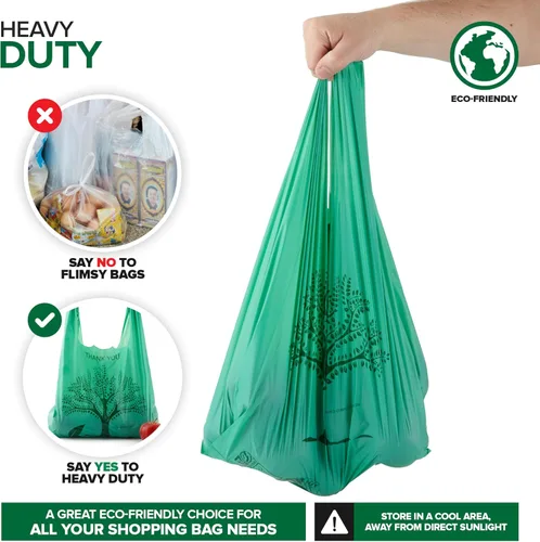 Vista 4 de Paquete de 100 bolsas de agradecimiento desechables para camisetas con asas para supermercados, alimentos, compras, basura, bolsas pequeñas a granel