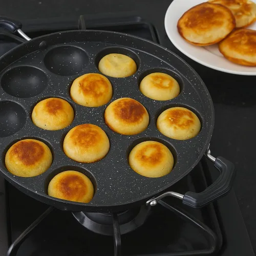 Vista 4 de Appam Pan 12 Pits Appam Patra Asa lateral antiadherente con tapa Paniyarakkal Paniyaram Maker Appam Maker Pancake Maker relleno Aebleskiver Maker