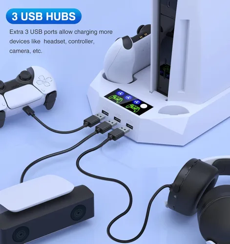 Vista 3 de Soporte para PS5 con estación de carga de controlador PS5 estación de refrigeración para consola Playstation 5 PS5 Discedición digital accesorios