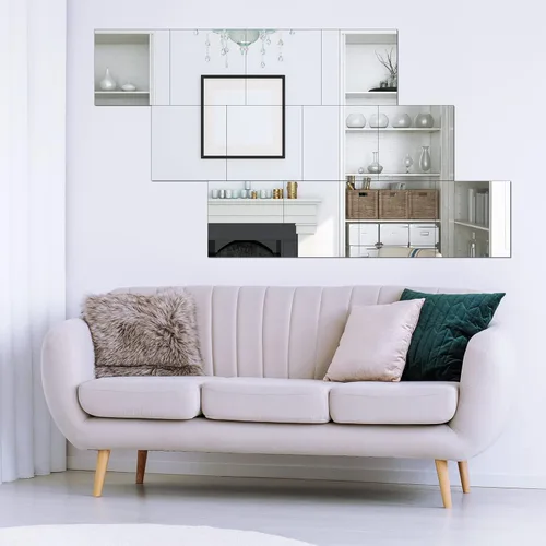 Vista 6 de Azulejos de espejo de vidrio real, sin marco, espejo de pared plano flexible y acrílico adhesivo de doble cara para dormitorio, baño, hogar, sala