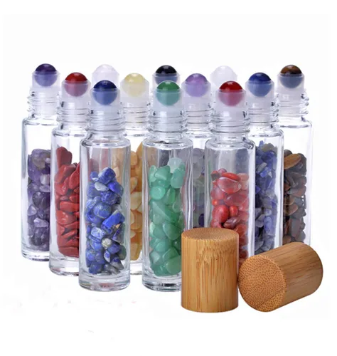 Vista 8 de Paquete de 5 botellas transparentes de 0.3 fl oz con chips de cristal de chakra naturales para aceites esenciales, botellas enrollables de vidrio