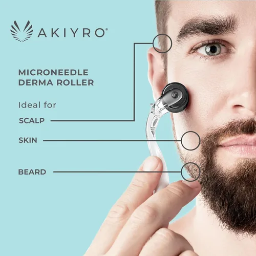 Vista 4 de AKIYRO Derma Roller 0.012 in - Rodillo de microagujas con estuche de almacenamiento - 192 microagujas dérmicas herramienta para cara, barba, cuero