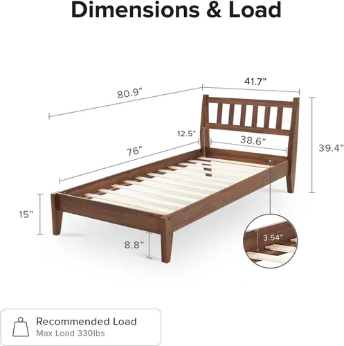 Vista 2 de mopio Ted - Marco de cama con cabecero, marco de cama de plataforma de madera maciza de acacia moderna de mediados de siglo, listones de madera, sin