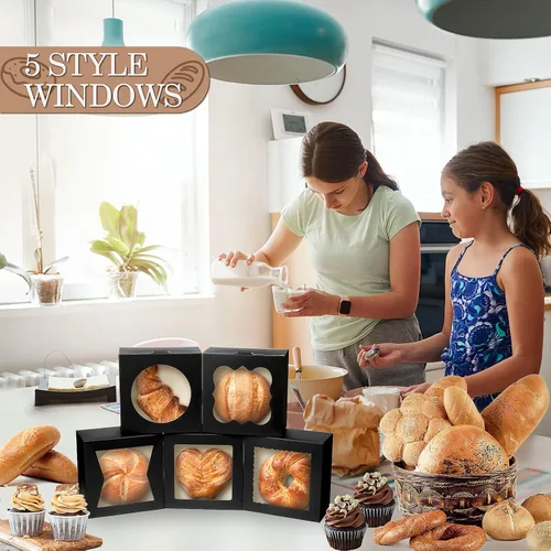 Vista 5 de KPOSIYA 65 cajas de panadería con ventana de 6 x 6 x 3 pulgadas, cajas de galletas de 5 estilos, cajas pequeñas de pastelería para dulces, postres