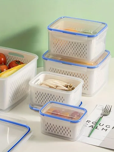 Vista 6 de 2 recipientes de almacenamiento de frutas para refrigerador, con coladores extraíbles y tapa, recipientes de almacenamiento de alimentos