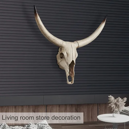 Vista 2 de Notakia Gaobei - Escultura de calavera de vaca de cuerno largo para colgar en la pared, decoración de resina