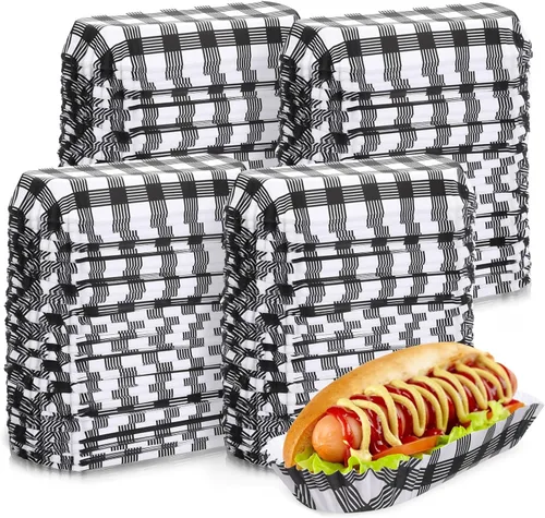 Vista 8 de Yinkin 300 piezas de bandejas de papel para hot dogs de Halloween, bandejas de comida de 15 cm, suministros para puesto de concesión, bandejas