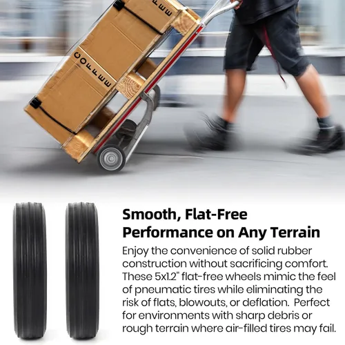 Vista 5 de AR-PRO Paquete de 2 conjuntos de ruedas de goma sólida sin planos de 5 x 1.2 pulgadas, ruedas de repuesto para carretilla de mano con rodamientos