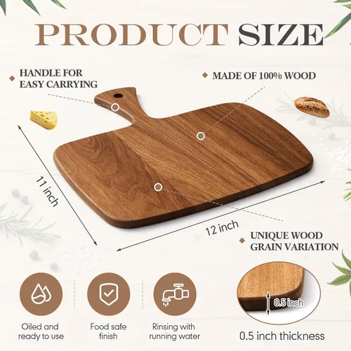 Vista 2 de Nuenen Tabla de cortar de madera con mango de 12 x 11 x 0.47 pulgadas, tablas de cortar de madera de bambú de acacia para cocina, pizza, pan, queso
