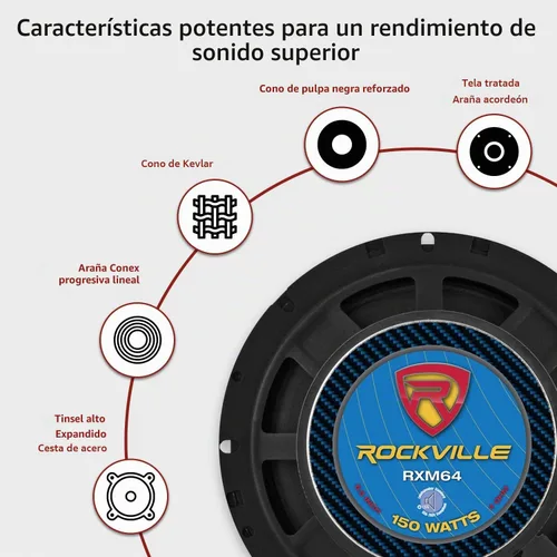 Vista 9 de Rockville RXM64 6.5 "150w 4 ohmios controlador de bajos medios altavoz de audio para coche de rango medio
