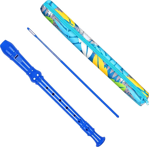 Vista 16 de Flauta dulce soprano para niños principiantes, digitación alemana, clave C, 3 piezas con varilla de limpieza, bolsa, tabla de digitación (azul)