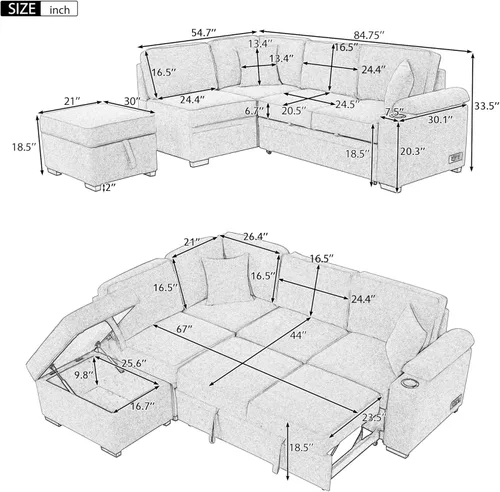 Vista 3 de 84.75 Inch L Shape Sleeper Sofa Bed with Storage Ottoman, 2 in 1 Pull Out Convertible Sectional Couch for Living Room, Bedroom, Small Apartment,Beige