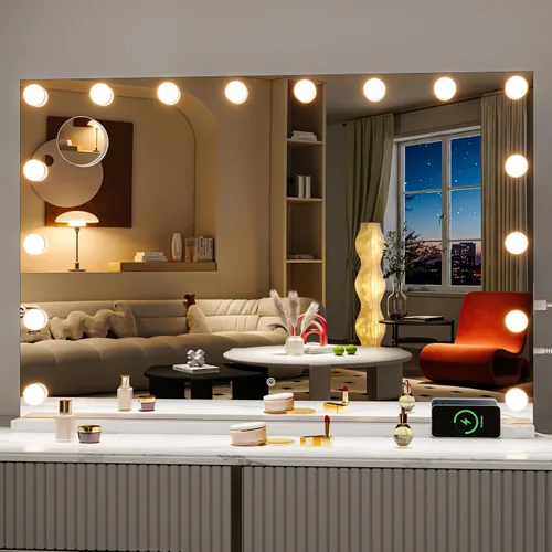 Vista 12 de Hasipu Espejo de tocador con luces, espejo Hollywood de 24 x 20 pulgadas, espejo de maquillaje con 17 bombillas regulables y aumento de 10X, 3 modos