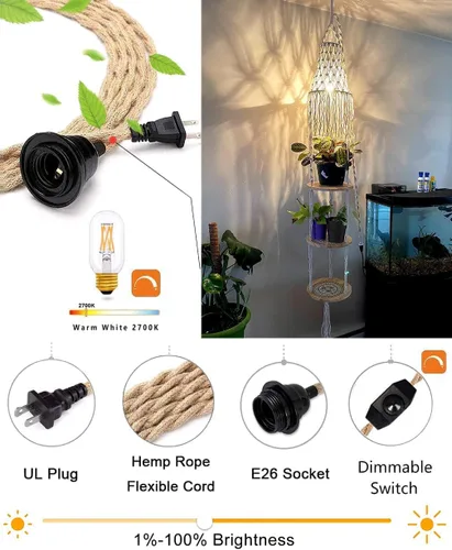 Vista 2 de QIYIZM Lámpara colgante bohemia enchufable con cable de enchufe, lámpara colgante regulable de macramé y estante de soporte para plantas, decoración