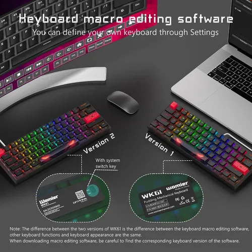Vista 7 de Teclado 60% Teclado WK61 Womier, teclado RGB ultra compacto intercambiable en caliente con tapa de teclas, interruptor rojo lineal, controlador