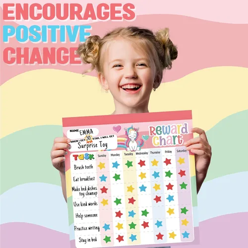 Vista 4 de Tabla de recompensas para niños – Tabla de comportamiento magnética de unicornio para niños, almohadilla con 26 tablas de tareas, calcomanías