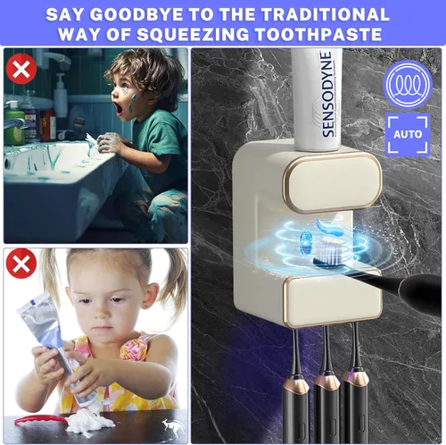 Vista 2 de Dispensador automático de pasta de dientes, dispensador eléctrico de pasta de dientes montado en la pared con 3 ranuras para pasta de dientes