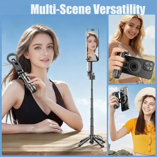 Vista 6 de Trípode magnético 4 en 1 con bolsillo para selfie, soporte extensible para teléfono celular, mango de agarre portátil para cámara con control remoto