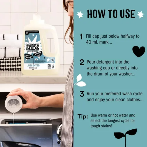 Vista 5 de Molly's Suds Detergente líquido para ropa Jabón detergente limpio para ropa para pieles sensibles 2 veces concentrado, de alta eficiencia (HE)