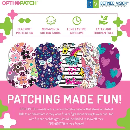 Vista 5 de Opthopatch Defined Vision - Parches para ojos para niños, diseño divertido para niñas [Serie II], 90 + 10 vendajes adhesivos de algodón