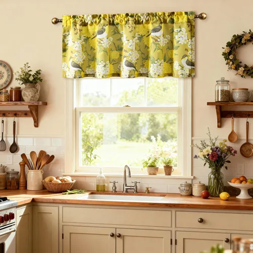 Vista 24 de VOGOL Cenefa de pájaro y bayas, decoración clásica de ventana de campo americano con estampado botánico, cortina de bolsillo para barra fácil