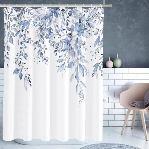 Vista 23 de Tititex - Juego de cortinas de ducha de eucalipto negro, hojas de acuarela gris en la parte superior, con decoración floral de baño, 60 x 72